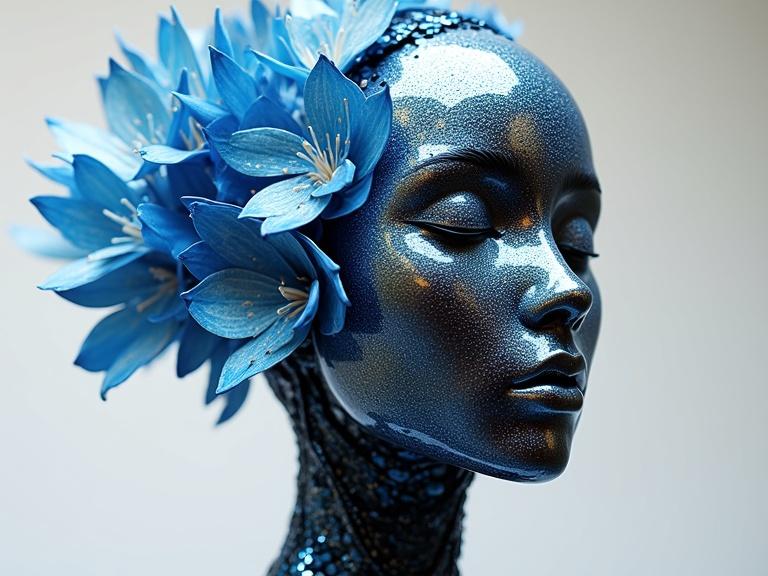 A blue polka dotted robot sculpture is adorned with wild blue and white flowers. The sculpture has intricate geometric patterns. The background is simple and monochromatic. Light and shadow create dramatic effects.