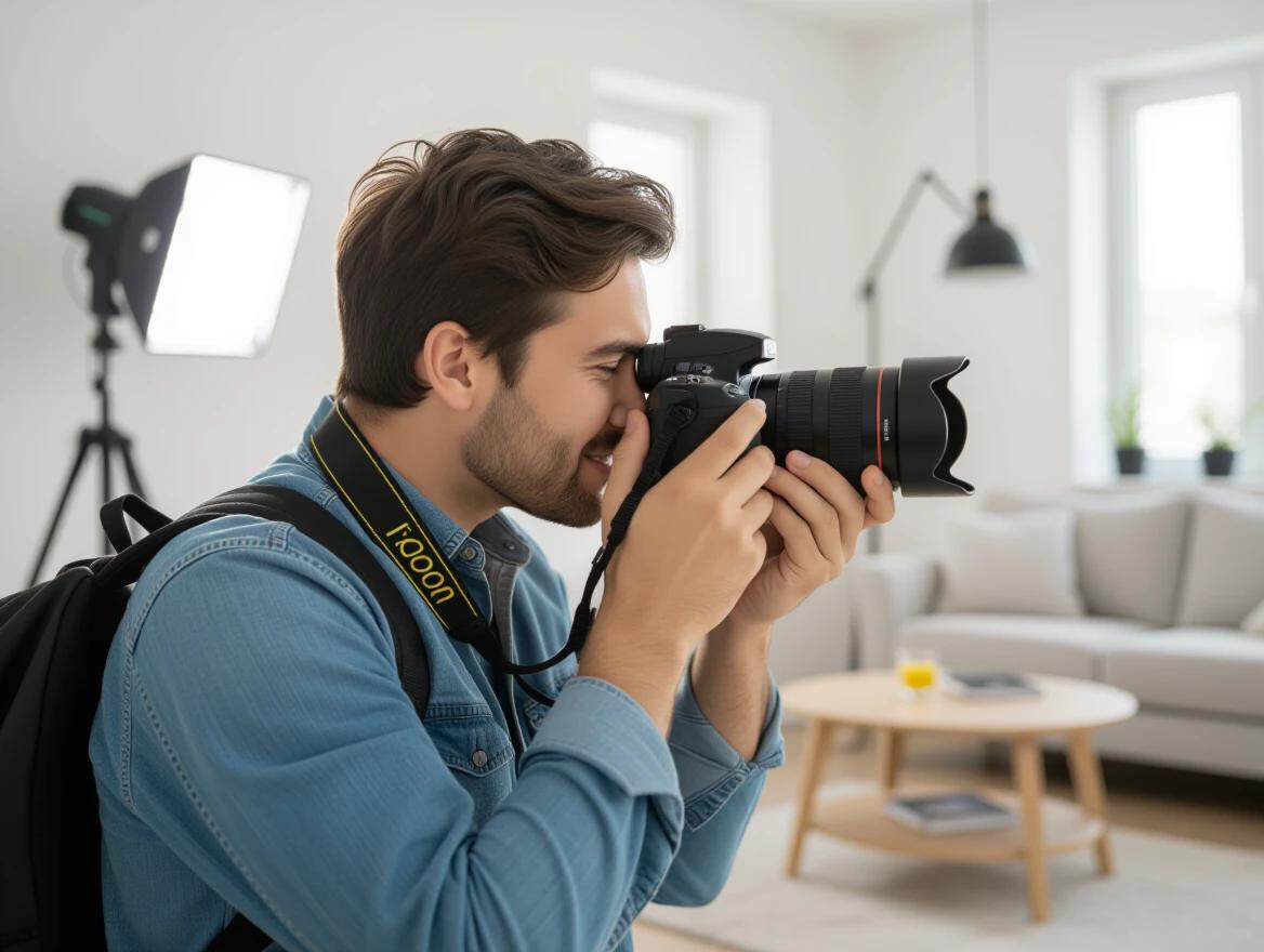 A photographer takes a picture using a viewfinder. The photographer holds a Nikon camera. The room features a well-decorated living room design. A camera flash is attached. There is no softbox used.