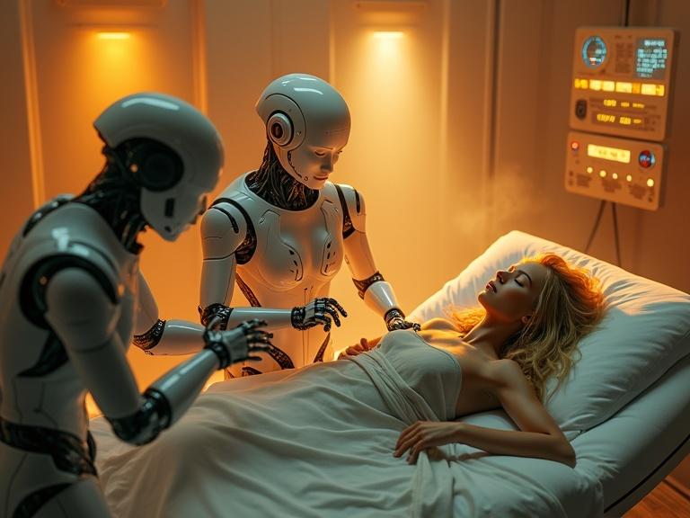 A futuristic medical scene in a high-tech recovery chamber. A young pilot girl with blonde hair lies asleep on a med-bed, draped in a light grey fabric. Two androids are analyzing her wounds with multi-limbed arms. Soft fog is emanating from cooling vents, and data panels float around. Warm golden light creates a quiet emotional atmosphere.