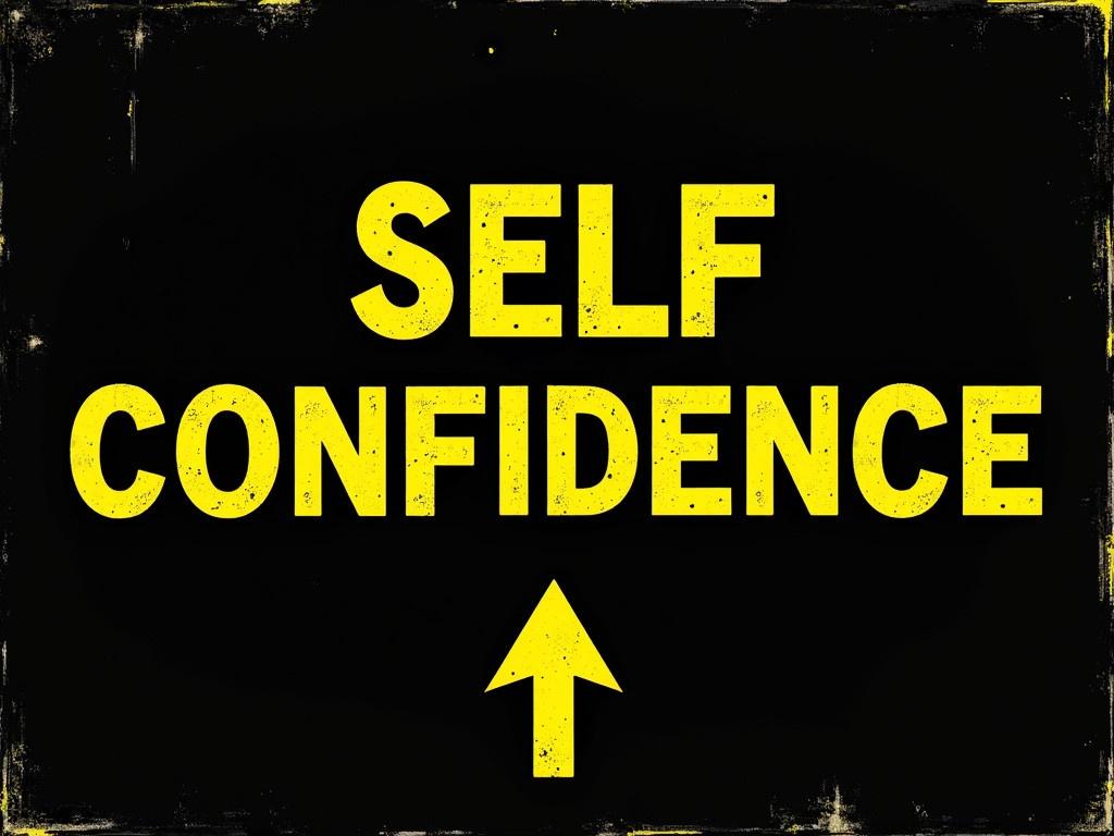 Create a sign that reads 'SELFCONFIDENCE'. The letters should be large and bold, similar to a road sign. The background must be black, enhancing the brightness of the yellow text. Include arrows pointing in both directions, indicating the concept is all around. The overall design should have a slight distressed look, as if it has been weathered over time.