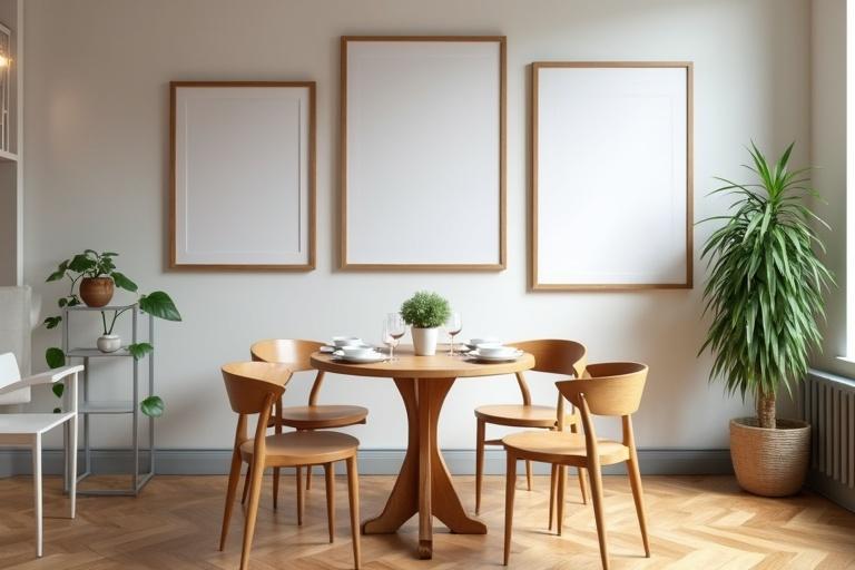 Wide shot of a cozy modern traditional coffee shop interior with empty art frames on the wall. Round wooden table set for two with white plates and glasses. Small plant on the table surrounded by four minimalist wooden chairs. Wooden floor adds elegance. Background features cafe ambiance and plants.