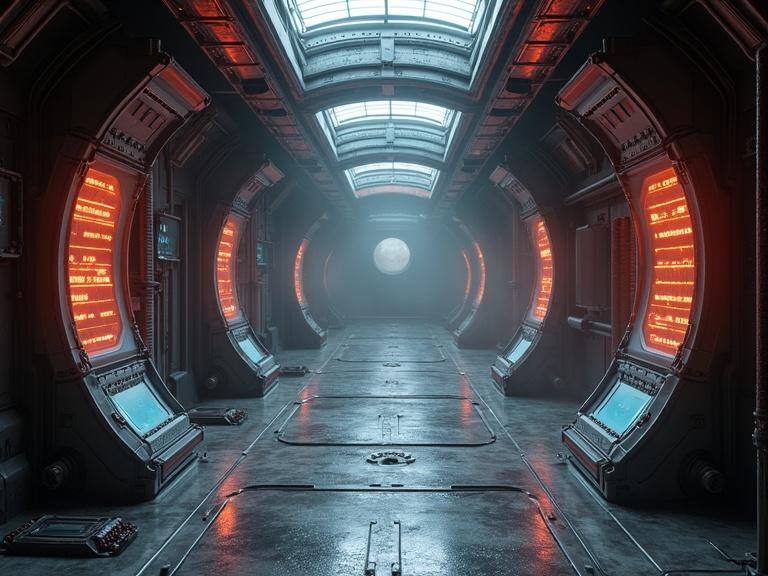 Dark atmospheric sci-fi environment. A metallic corridor with organic oval monitors and reddish orange LED lights. Steam and shadows create a cinematic feel. Flexible wires along walls enhance futuristic aesthetics.