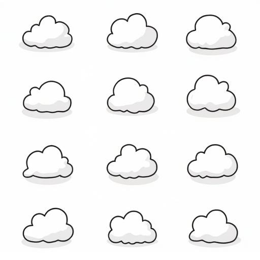 A set of 12 black outline cloud icons displayed in a grid. Each cloud has a unique fluffy shape. The clouds are designed in a minimal cartoon style. The background is white. Suitable for weather applications or digital user interface elements.