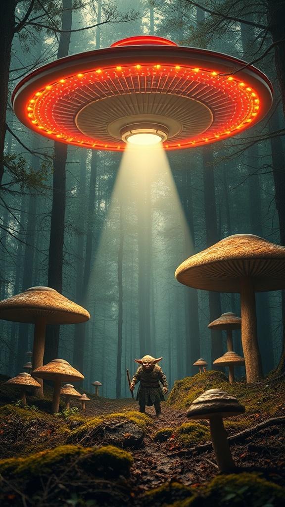 This fantastical digital artwork depicts a small, gnome-like creature standing in a mushroom-filled forest, gazing up at a hovering UFO. The flying saucer features vibrant red lights and emits a focused beam of light onto the forest floor, adding an aura of mystery and excitement. The towering mushrooms and dense tree line contribute to the surreal and otherworldly ambiance.