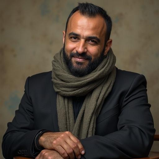 Portrait of a man in formal attire with a beard and scarf. He has a confident smile and a warm expression. The background is neutral and softly lit.