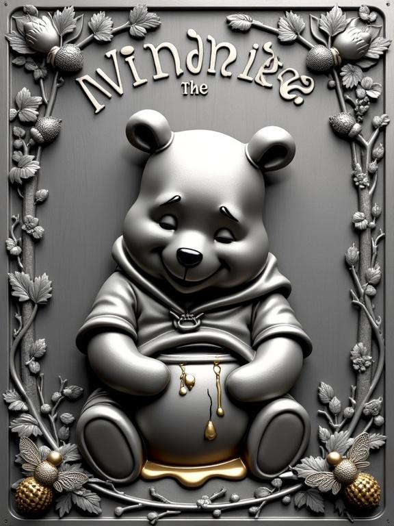A hyperrealistic digital rendering of a steel relief plaque featuring Winnie the Pooh. The plaque has a detailed sculpture of Pooh holding a honey pot. His expression is gentle with rounded edges reflecting light. The background contains engraved leaves, bees, and acorns. A sturdy steel border has floral filigree. The name 'WINNIE THE POOH' is engraved above him.