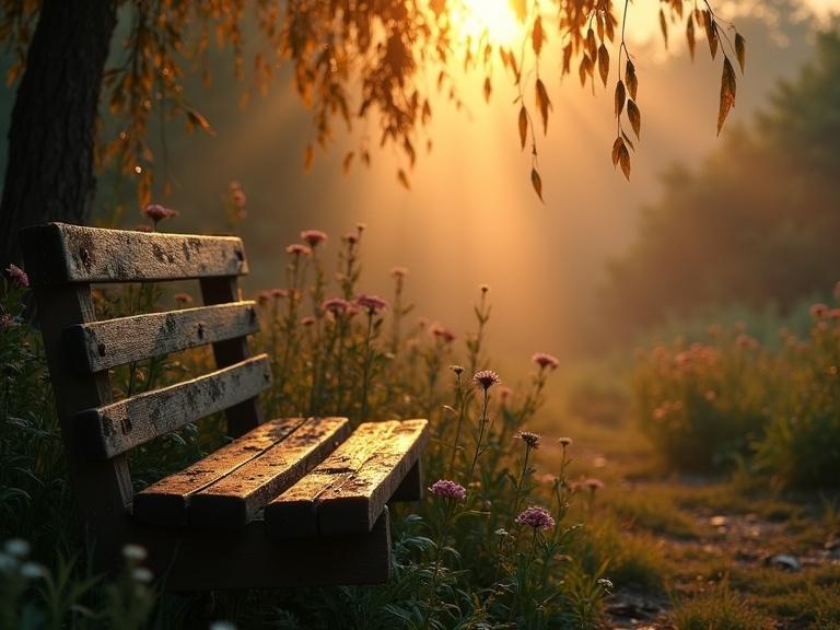 Misty close-up view of a rustic garden. Vintage weathered bench amid flowers. Fading blooms after rain. Old growth shrubs and willow tree. Expressive golden sunset creates a moody atmosphere.