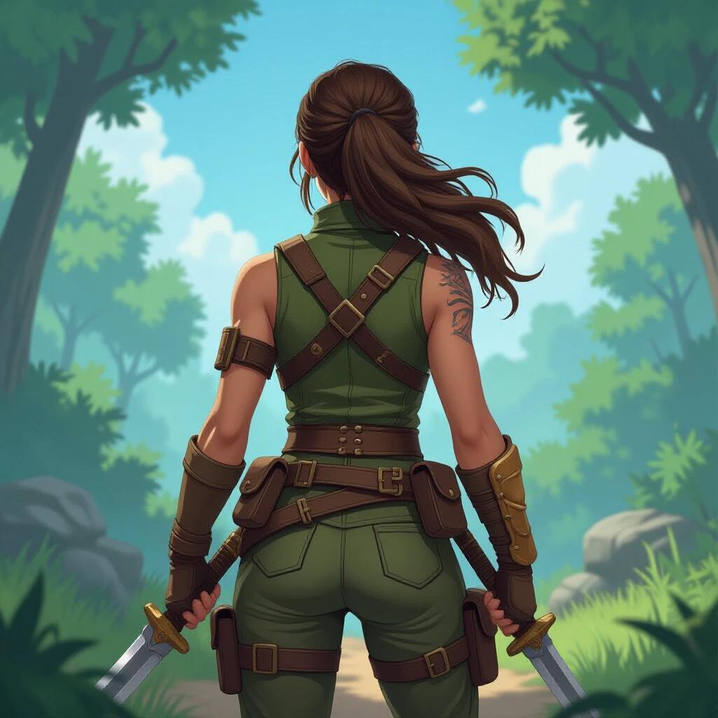 Female character stands in a vibrant forest. She is equipped with two swords. Her outfit is green and brown. Hair is tied back. Strong, determined posture.