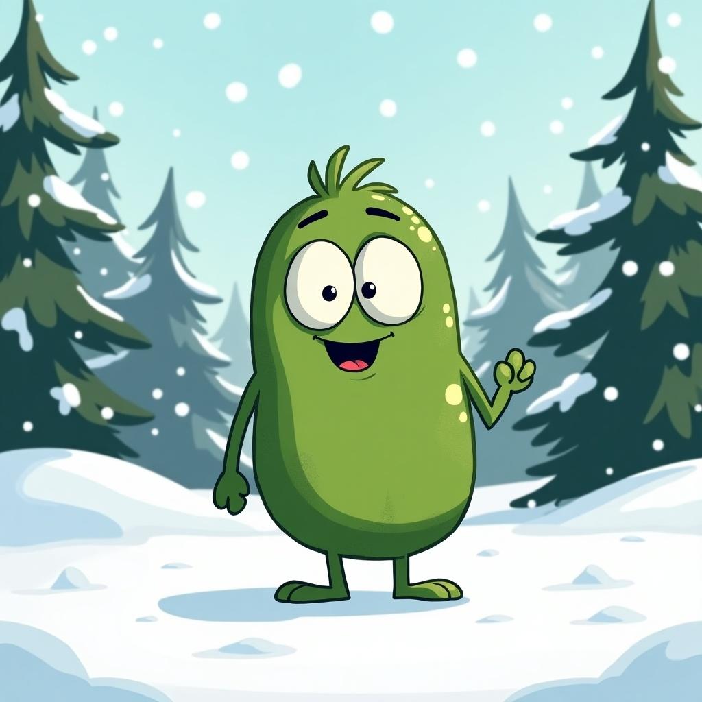 Cartoon character in a joyful pose. Character is green and cheerful. Winter landscape with snow and pine trees in background.