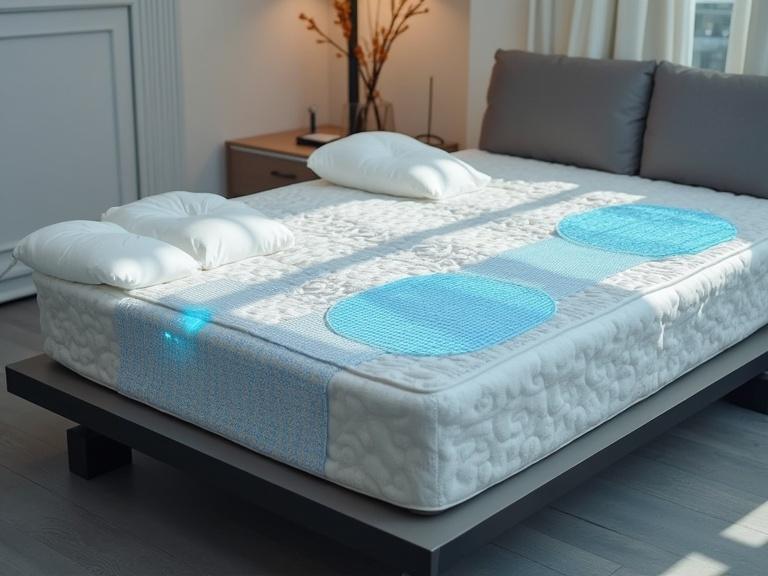 Smart mattress designed with gentle vibration features targeting specific muscle groups used for relaxation and improved sleep quality.