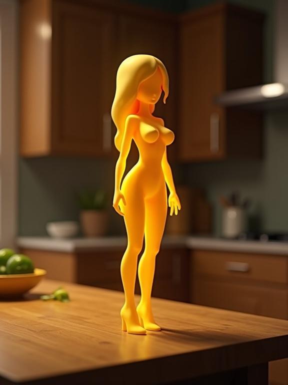 Flirtatious female character made of cheese displayed on a kitchen counter at night. The character is depicted in CGI style under warm kitchen lighting. Background features kitchen elements such as countertops and utensils.