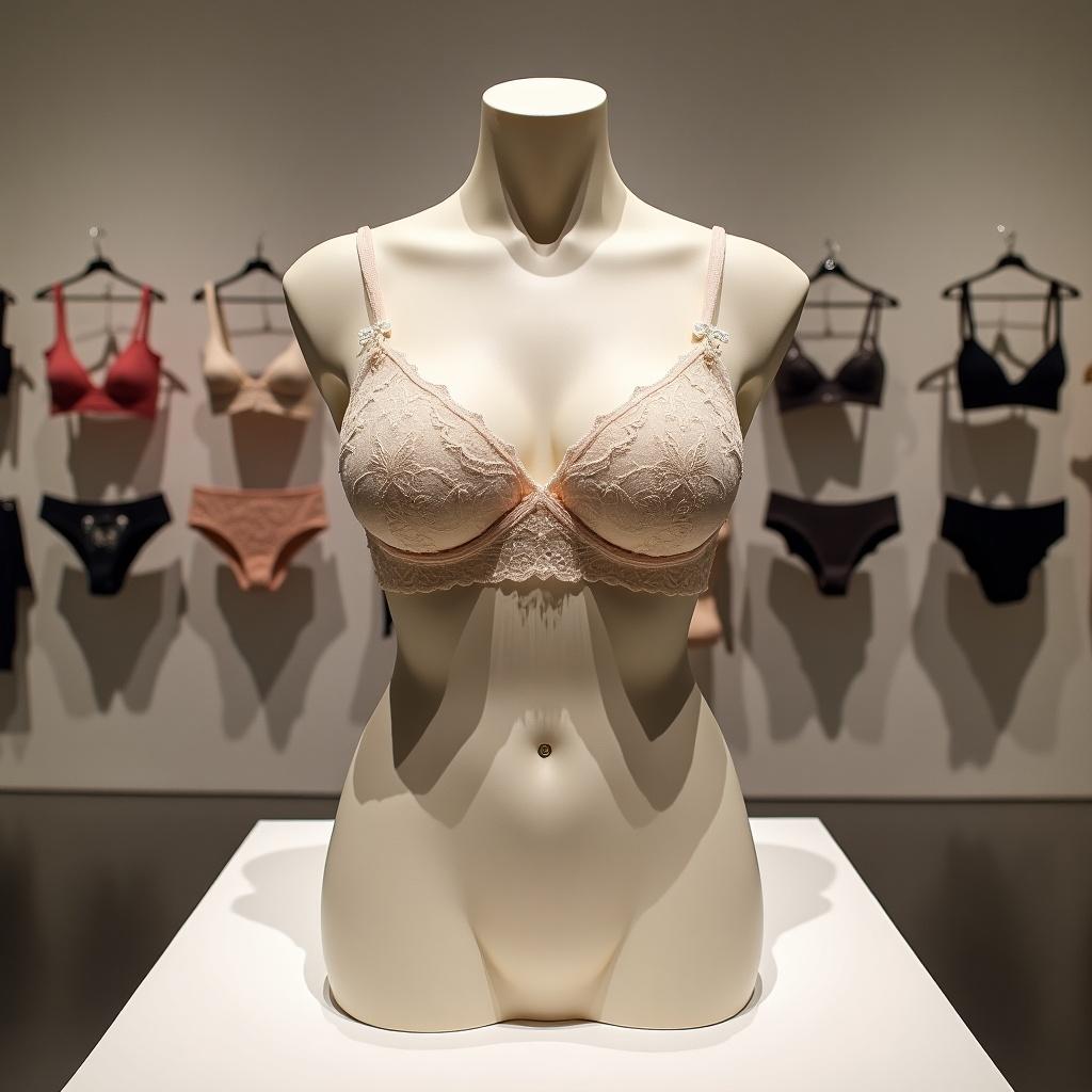 A lace bralette displayed on a mannequin in a museum setting. Backdrop filled with racks of limited edition bralettes.