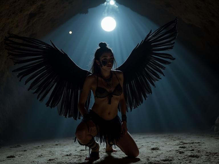 A female Maya dancer crouches in a cave with black wings. The dancer has dark face paint. Light filters from above creating a mystical ambience.