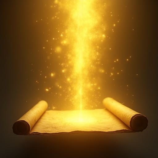 Yellow bright light floating above a mystic scroll. Magical scroll with light and runes.