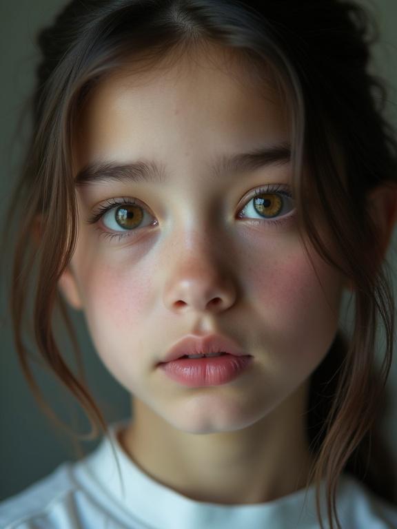 Candid low-quality portrait of a young adult with natural expression. Subject has subtle digital shimmer in eyes. Image appears taken with cheap smartphone, showing noticeable digital noise and grain. Slight motion blur and imperfect focus visible, especially at edges. Colors are muted or washed out. Taken indoors in uneven ambient lighting. Close-up of face and upper body. Vertical frame