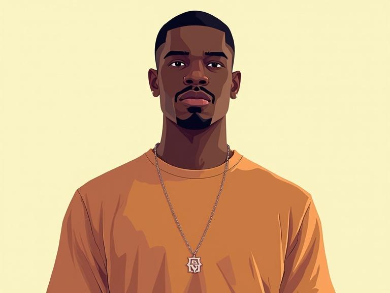 Black male character directly facing the camera wearing a solid color t-shirt. Bright lighting with no shadows. No background present. Illustrated in a Grand Theft Auto style using flat colors. No accessories or additional items.