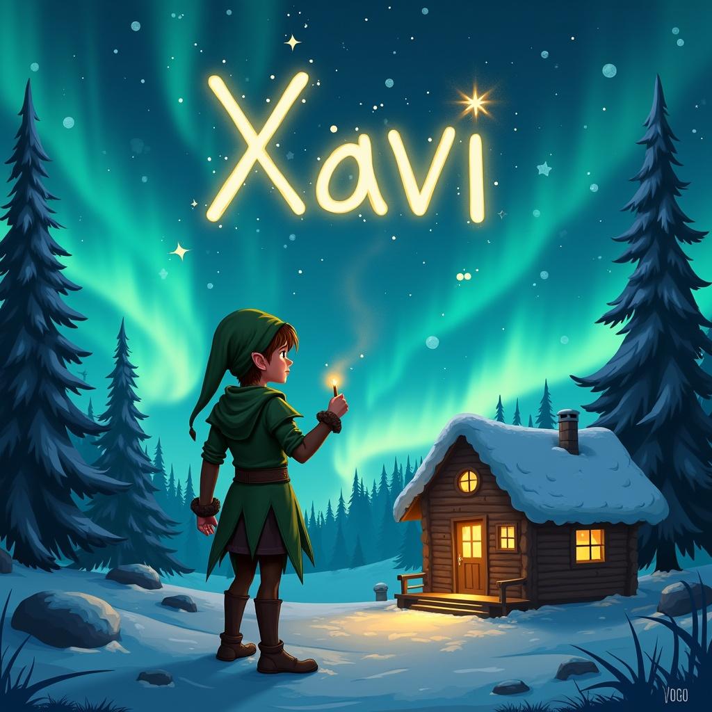 Elf stands with back to viewer. Elf writes name in air with wand. Background shows magical northern lights and cozy cabin. Name Xavi inscribed in sky.