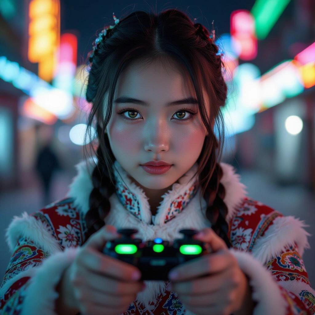 Young girl in traditional Siberian clothes holding a joystick. Neon lights create a vibrant atmosphere. Sadistic smirk on her face. Focused expression and colorful reflections on her skin.