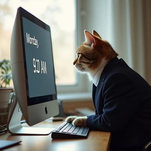 A cat sits upright at a desk like a human. It looks at a monitor with text. The cat is in a business suit. Soft morning light fills the room. The scene is humorous and photorealistic.