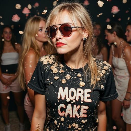 90’s analog picture with low light aesthetic. Cake splattering at a chaotic party. People tossing cakes at each other. Everyone soaked in pie remnants. Heavier splattering on the woman's outfit. She wears a black t-shirt saying 'More Cake'. The lighting reflects the wet surfaces.