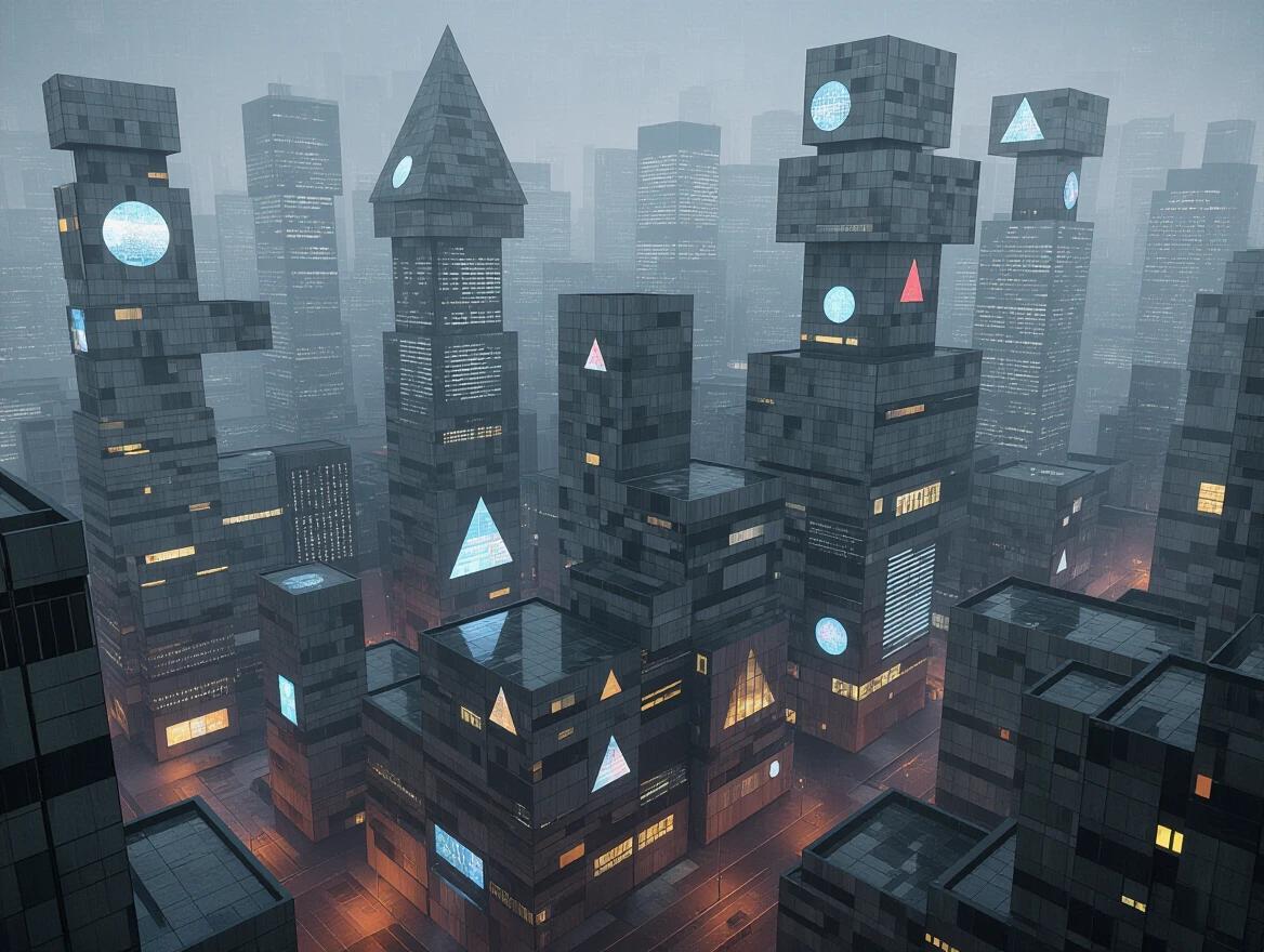 Dystopian cyberpunk cityscape filled with grey cardboard textures. Buildings with geometric shapes including triangles circles and rectangles. Structures resemble tree trunks. Huge apartment complexes with silver windows and glass panels. Scene is set at night with hyper realism and atmospheric haze.