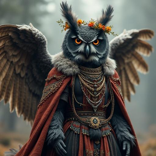 Character design of an anthropomorphic owl with dark gray fur. Dressed in Slavic folklore robes with detailed embroidery and beads. Features owl wings instead of arms. Wears a floral wreath and has wise glowing eyes. Intricate patterns and soft textures throughout. Full-length shot with expressive brushwork and bold color accents. Features soft cel shading and a non-photorealistic rendering style.