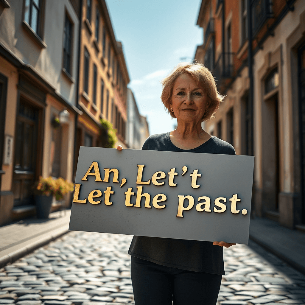 An elderly woman stands holding a sign with an incomplete phrase, invoking a contemplative mood on a quaint cobblestone street lined with charming buildings.