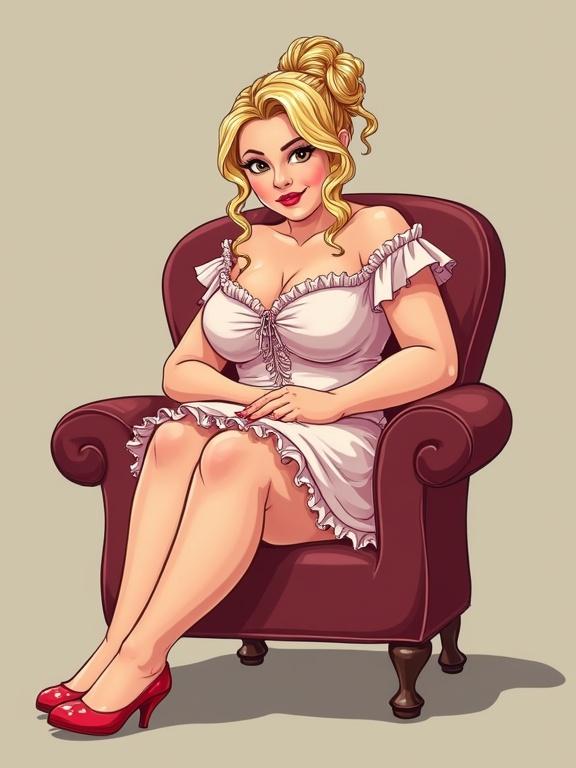 Illustration of a chubby woman in a frilly dress with blonde hair updo. She sits confidently on a sofa, legs crossed, looking at the viewer wearing red shoes.