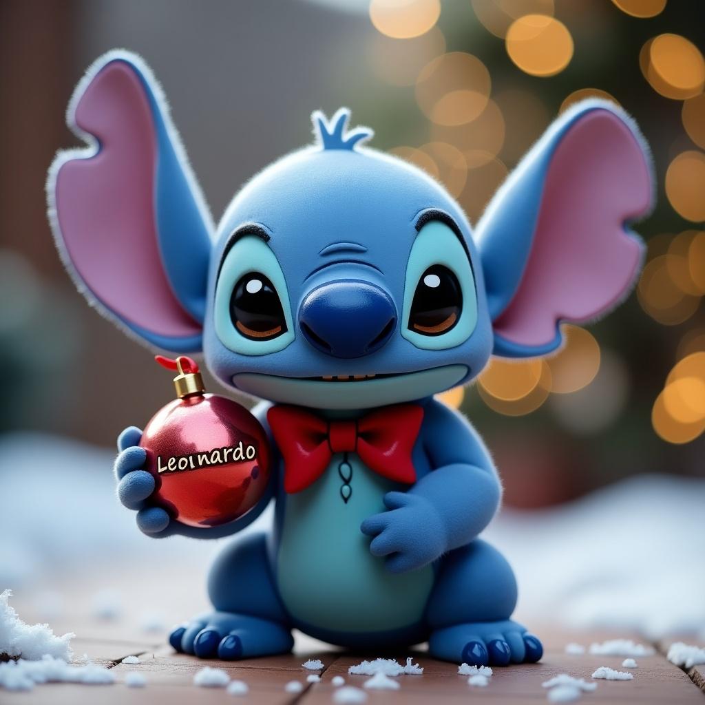 A cute character inspired by Stitch. Character is blue with large ears and a bow tie. Holds a Christmas bauble with the name Leonardo. Snow and festive background enhance the scene.