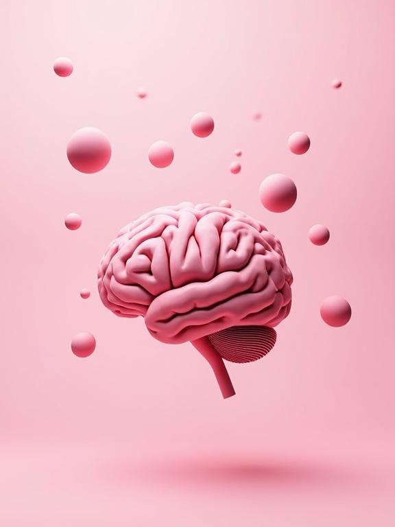 Generate an image of minimalist pink human brain. Surround brain with small two-lobed spheroids. Convey dynamic movement in the design.