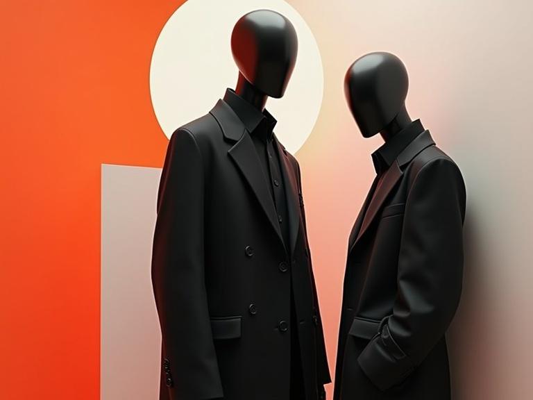Faceless black clothed mannequins against an abstract background. Minimalist design features bold colors and shapes, creating a surreal atmosphere. Emotive composition presents a high-concept fashion editorial vibe.
