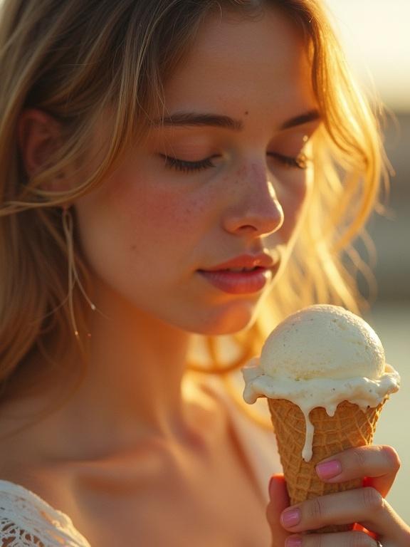 Close-up of a young woman holding an ice cream cone with melting ice cream. She has closed eyes and a serene expression. The background features warm sunlight creating a dreamy effect. Her hand shows ice cream drips.