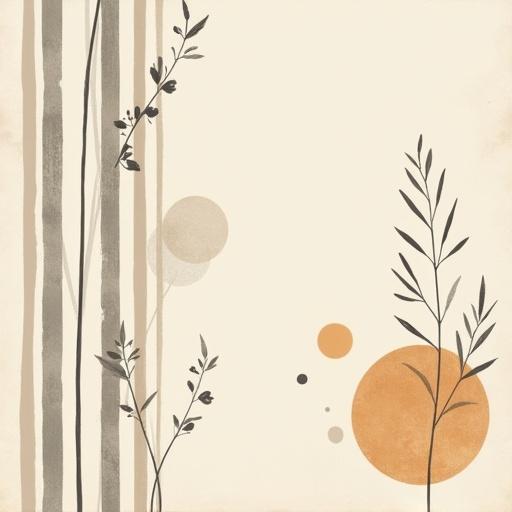 A serene Japandi-style poster featuring tall vertical botanical lines and balanced circular shapes in harmonious tones. Minimalist textures resembling rice paper and natural ink. Evokes simplicity, stillness, and nature’s order.