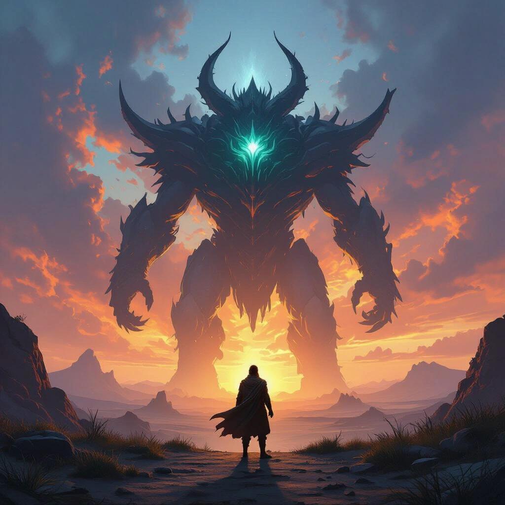 A heroic figure stands before a colossal, shadowy monster during a vibrant sunset. The scene evokes a sense of epic adventure. The foreground features a figure clad in a cape, while the background reveals a dramatic landscape with a towering creature.