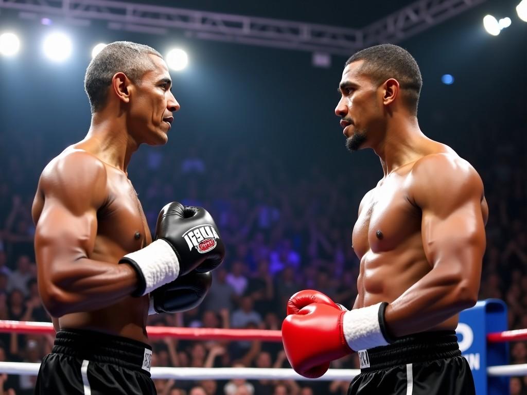 The image captures the intensity of two boxers staring each other down before a fight. They are both muscular and focused, demonstrating their commitment to the sport. The environment is electrifying, with a cheering crowd illuminated by stage lights. Each boxer wears a different color glove, representing their teams. The arena buzzes with excitement as the match is about to begin. This moment showcases not just physical strength but also the mental game inherent in boxing.