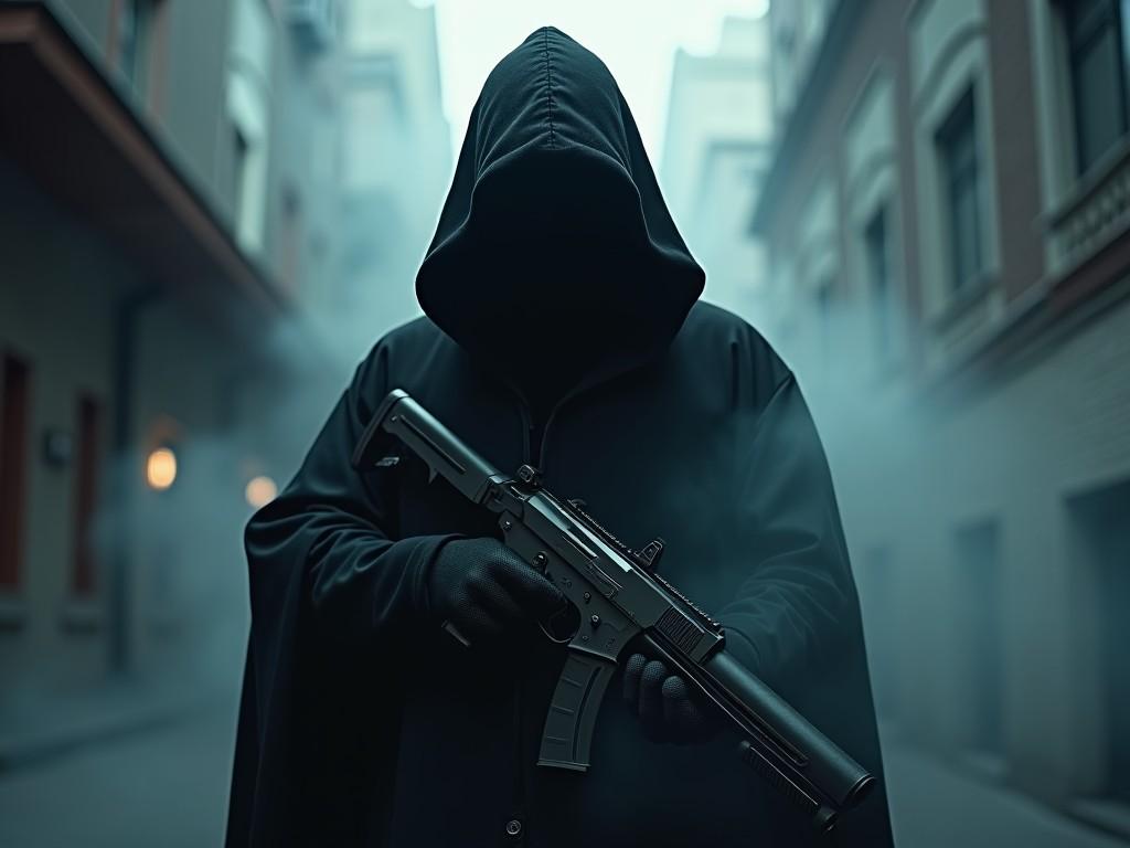 A mysterious figure clad in a long black cloak stands in an alleyway. The figure is holding an assault rifle, adding to the tension of the scene. Surrounding them is a swirling fog that enhances the ominous atmosphere. The cobblestone streets suggest a modern urban environment. The lighting is dim, accentuating the shadows and creating a sense of suspense.