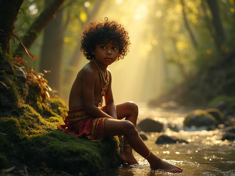 A young Indian jungle prince sits barefoot on a mossy rock beside a stream. Thick curly hair frames a face of curiosity and calm. He wears simple golden ornaments and a loincloth of red and gold. Shafts of golden light filter through ancient trees to illuminate the scene. Subtle signs of royalty surround him. Painterly realism style in a fantasy setting.