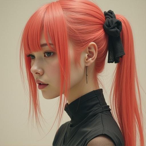 Portrait of a woman with pink hair styled in two ponytails wearing a black outfit and a hair accessory, side profile view, soft lighting and vintage style