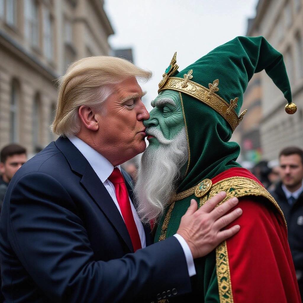 Image depicts a dramatic moment between two themed characters in costume. One character resembles a political leader while the other embodies a wizard figure. The setting appears to be outdoors during a public event, with an audience in the background. Expressions convey a humorous interaction.