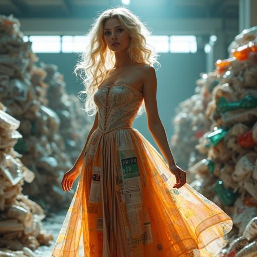Goddess created from recyclable materials represents environmental stewardship and waste management. Gown made from glossy PET bottles, newspaper, and magazine pages. Hair features magazine paper and plastic fibers. Setting in a futuristic recycling facility.