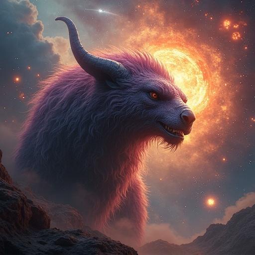 Universe featuring cosmic explosions with a mystical griffin-shaped animal