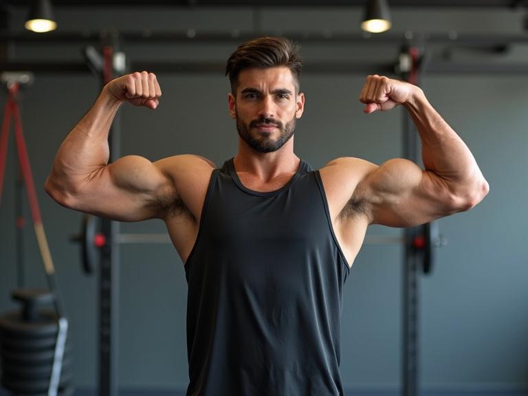 Athlete flexes arms after intensive workout. Background features bodyweight exercises like pull-ups and push-ups.