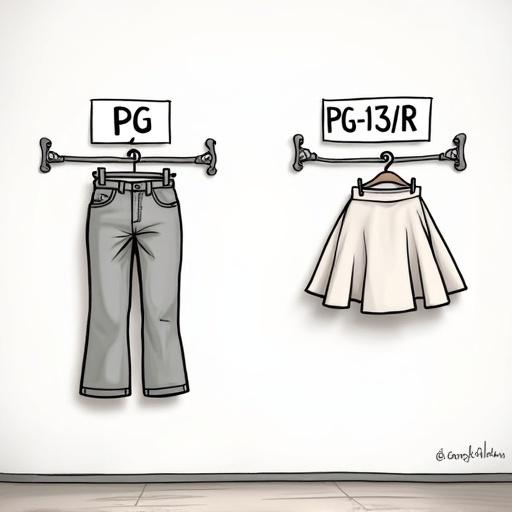 A cartoon shows a dressing room with a white wall. On the left, a label says PG with trousers. On the right, a label says PG-13/R with a skirt. The image demonstrates contrasting clothing types with humor.