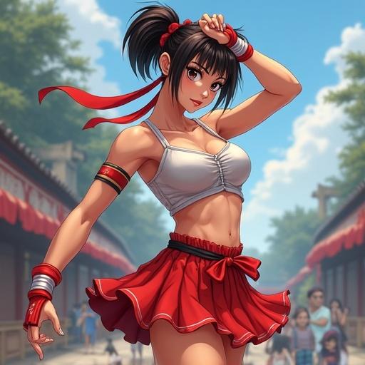 Yuri Han character from Street Fighter wearing a fitted top and a mini skirt poses confidently. Background features vibrant outdoor setting.