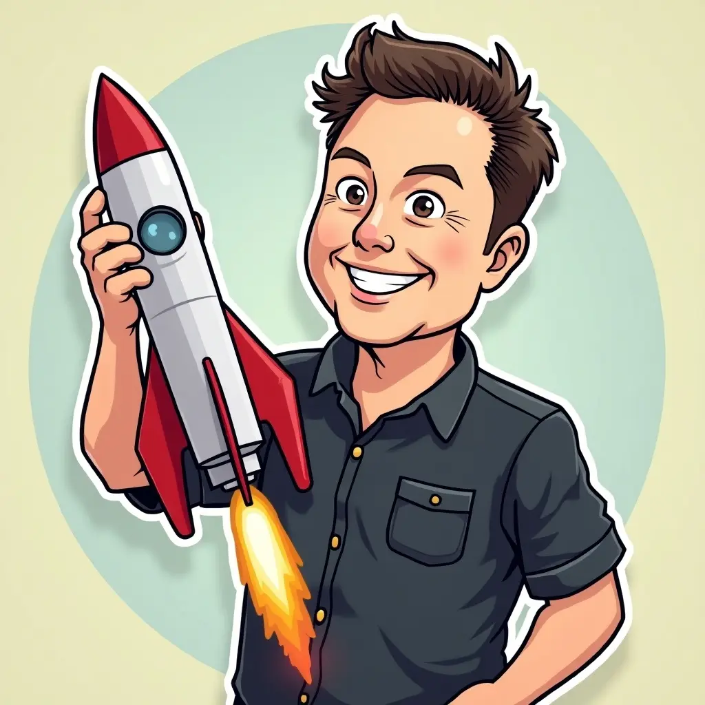 Cartoon style image of a character with a rocket. Character is smiling enthusiastically. The rocket is red and gray with flames. Background is light beige. Focus on playful theme related to technology and space exploration.