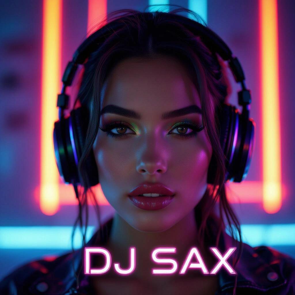 Close up of a dark neon bedroom with vibrant RGB colors. Artistic album cover featuring the text DJ SAX in a futuristic style.