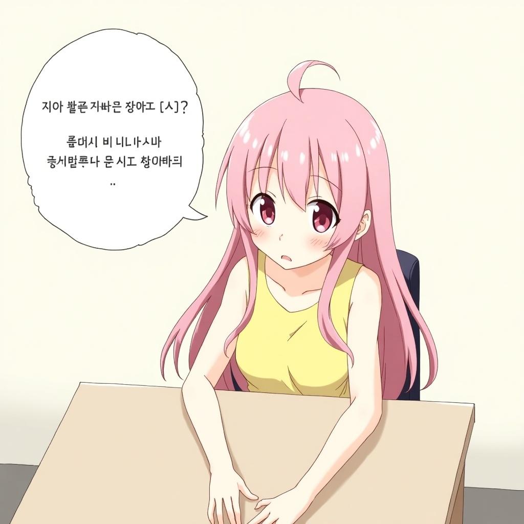 A girl sits at a desk in a simple office. She has long pink hair and pink eyes. She wears a yellow dress. The girl looks surprised while glancing to the right. A chat bubble with Korean text appears in front of her. The background is minimalistic and the mood is light and playful.