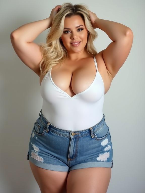 Chubby woman wearing denim shorts and a white leotard. Blonde hair styled with hands on her hair. Confident pose while looking at the viewer.