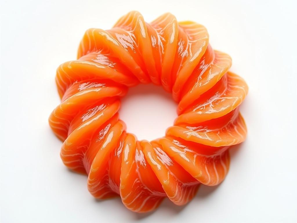 Cinematic image of smoked salmon rosette on white background from above.