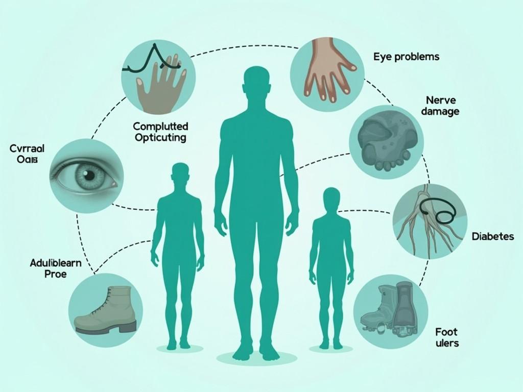 This infographic illustrates the complications associated with diabetes. It features silhouettes of human figures of varying sizes. Around the figures, icons represent various health issues such as eye problems, nerve damage, and foot ulcers. Each icon is connected with dashed lines to emphasize the interconnectedness of these complications. The color scheme is predominantly light blue and teal, providing a calming visual effect. This image is suitable for educational purposes and health awareness campaigns.